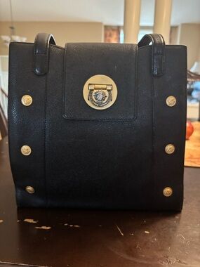 Vintage Versace Black Leather Shoulder Bag with Gold Medallion Hardware